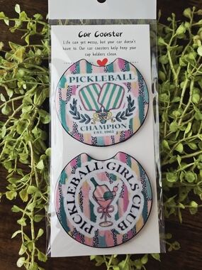 Pickleball Champion Pink & Teal Car Coaster Set